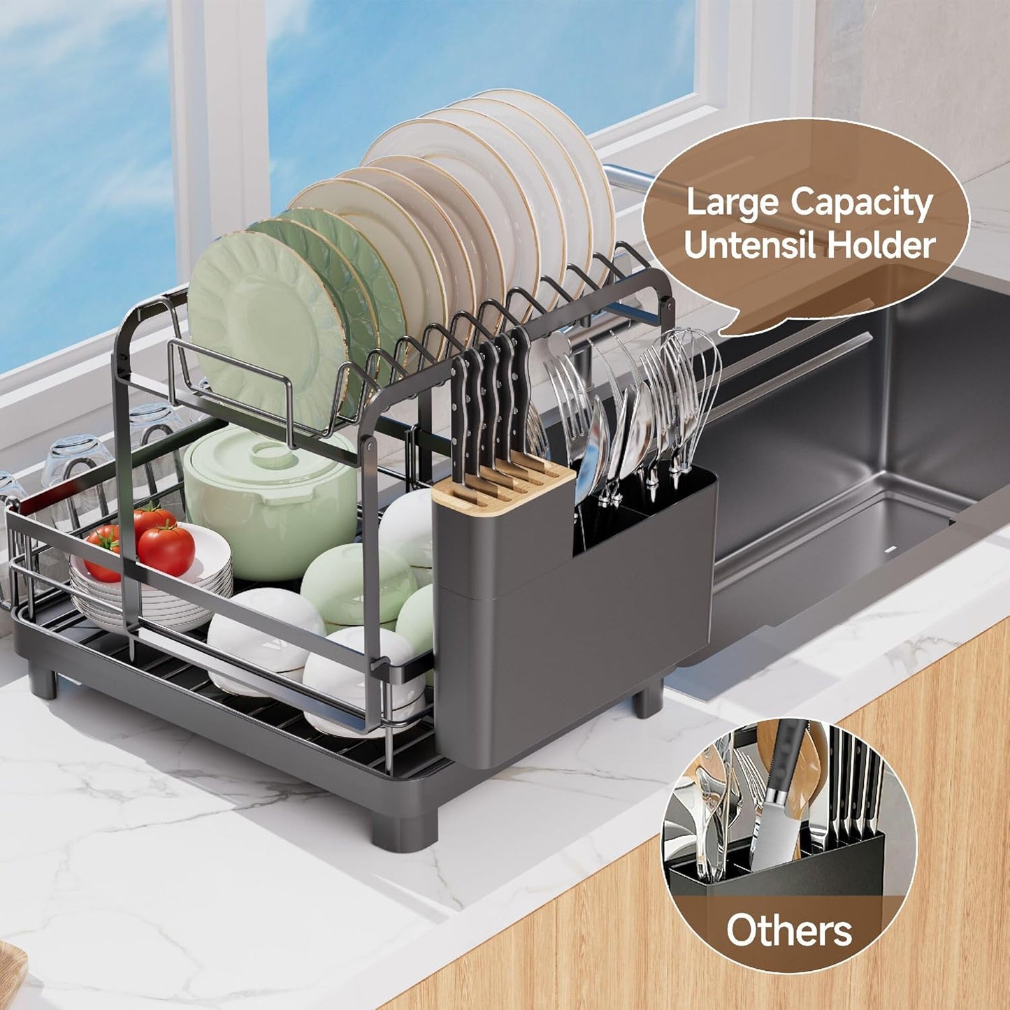 Runnatal 2-Tier Dish Drying Rack - Large Capacity Anti-Rust Dish Drainer Set | Black Over The Sink Design