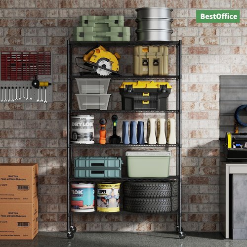 BestOffice 6-Tier Metal Storage Shelves - Adjustable Wire Shelving Unit with Wheels | 2100LBS Capacity, Black