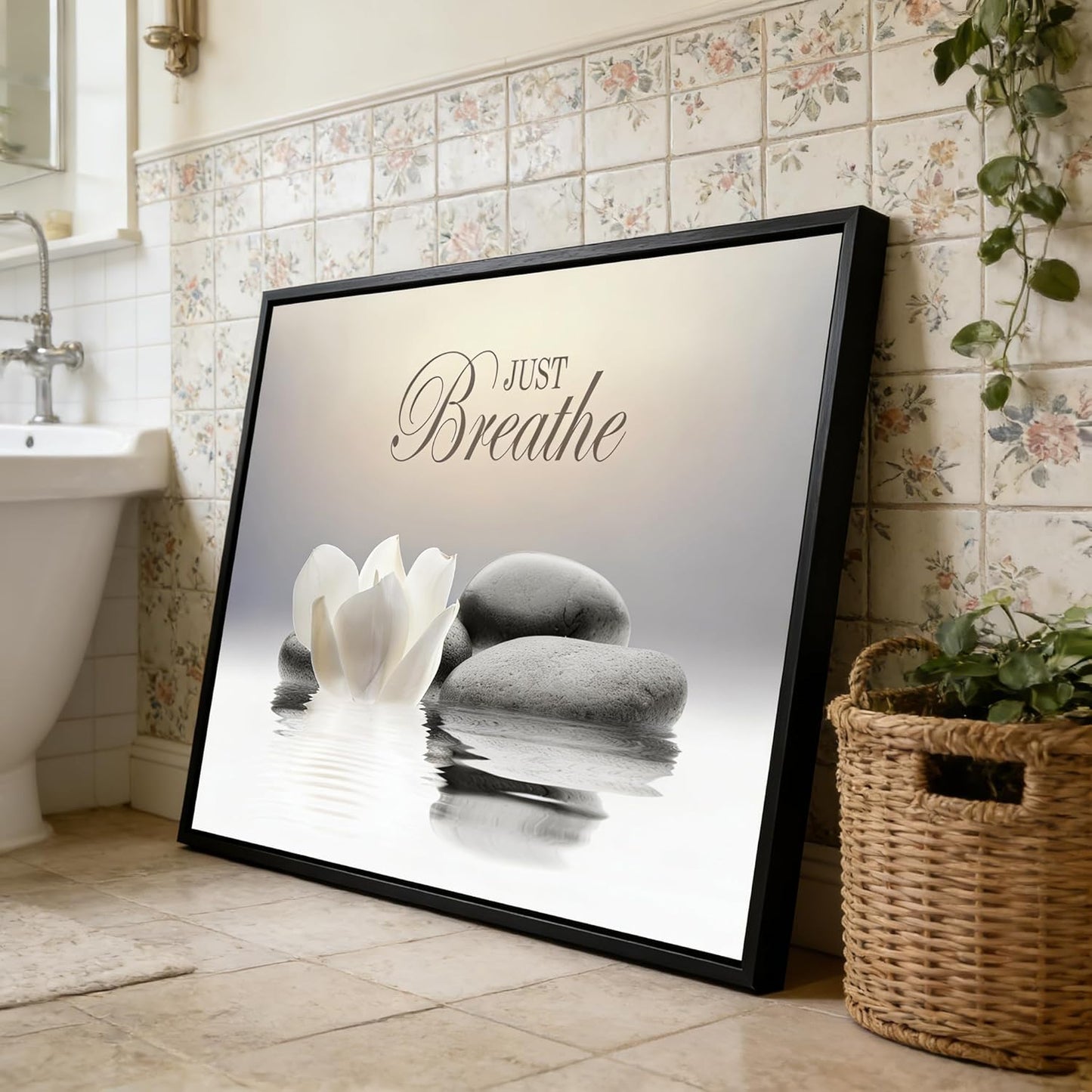 MKCIPJWC Zen Stone Wall Art - Just Breathe Yoga Quotes Canvas Print | White Lotus Flower 12x16 Inch