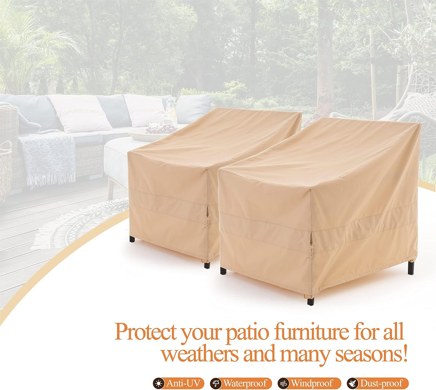 WJ-X3 Heavy Duty Waterproof Patio Chair Cover - 33W x 35D x 36H - Beige | 2-Pack Outdoor Lounge Protection