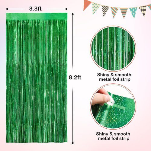 Green Metallic Tinsel Foil Fringe Curtains, 2 Pack 3.3x8.3 Feet Party Streamer for Birthday Party Decorations, Halloween Decor, Foil Curtain Backdrop for Christmas Party Decorations