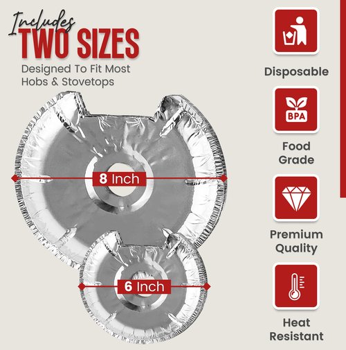 Heavy-Duty Aluminum Electric Stove Burner Covers (50 Pack) - Disposable Round Foil Liners (6 & 8 Inch), Non-Stick Drip Pan Protectors, Stove Top Covers, Great Kitchen Accessory for Easy Cleanup
