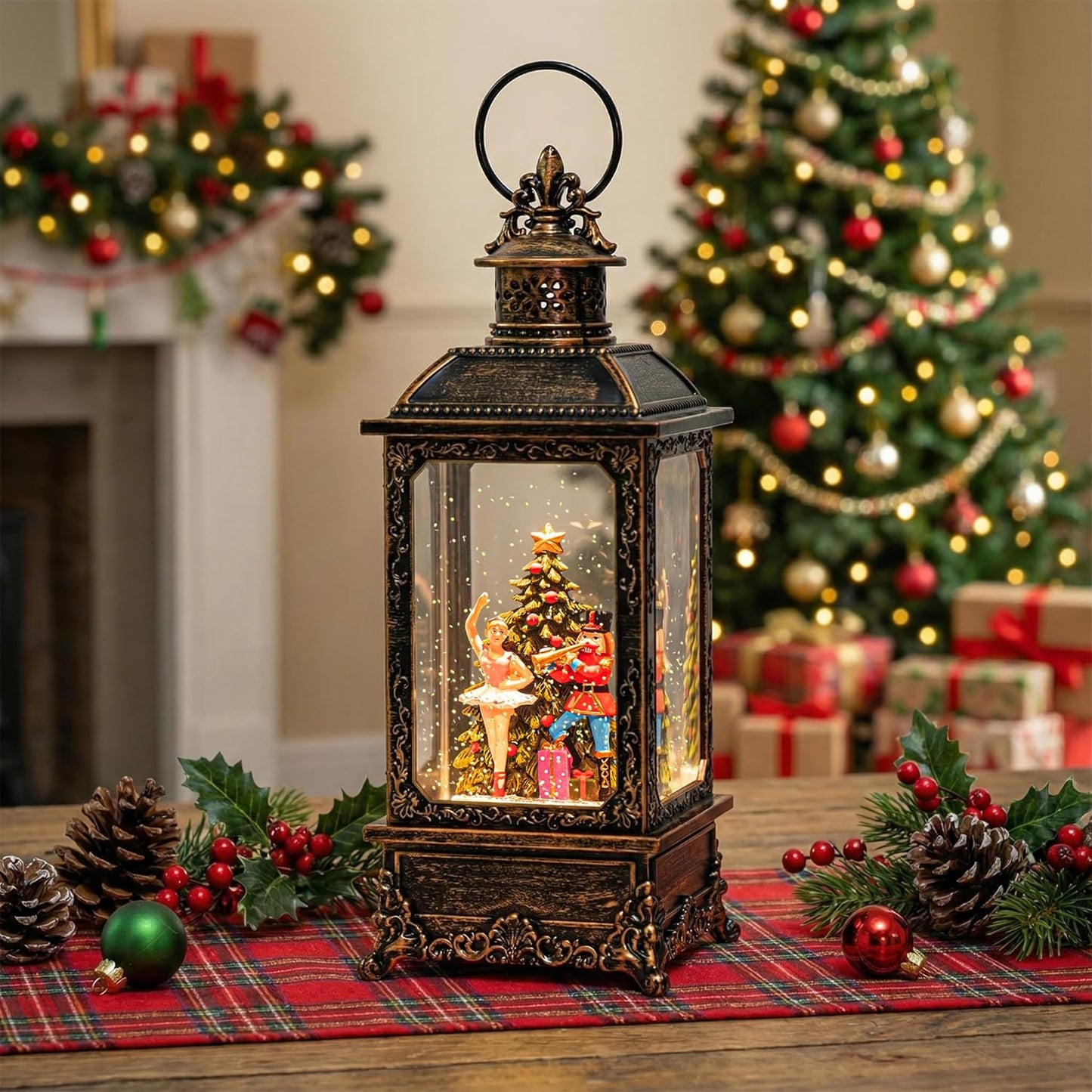VISFLAIR Christmas Snow Globe Lantern - Musical Nutcracker & Ballerina with Glittering Lights | Battery or USB Powered