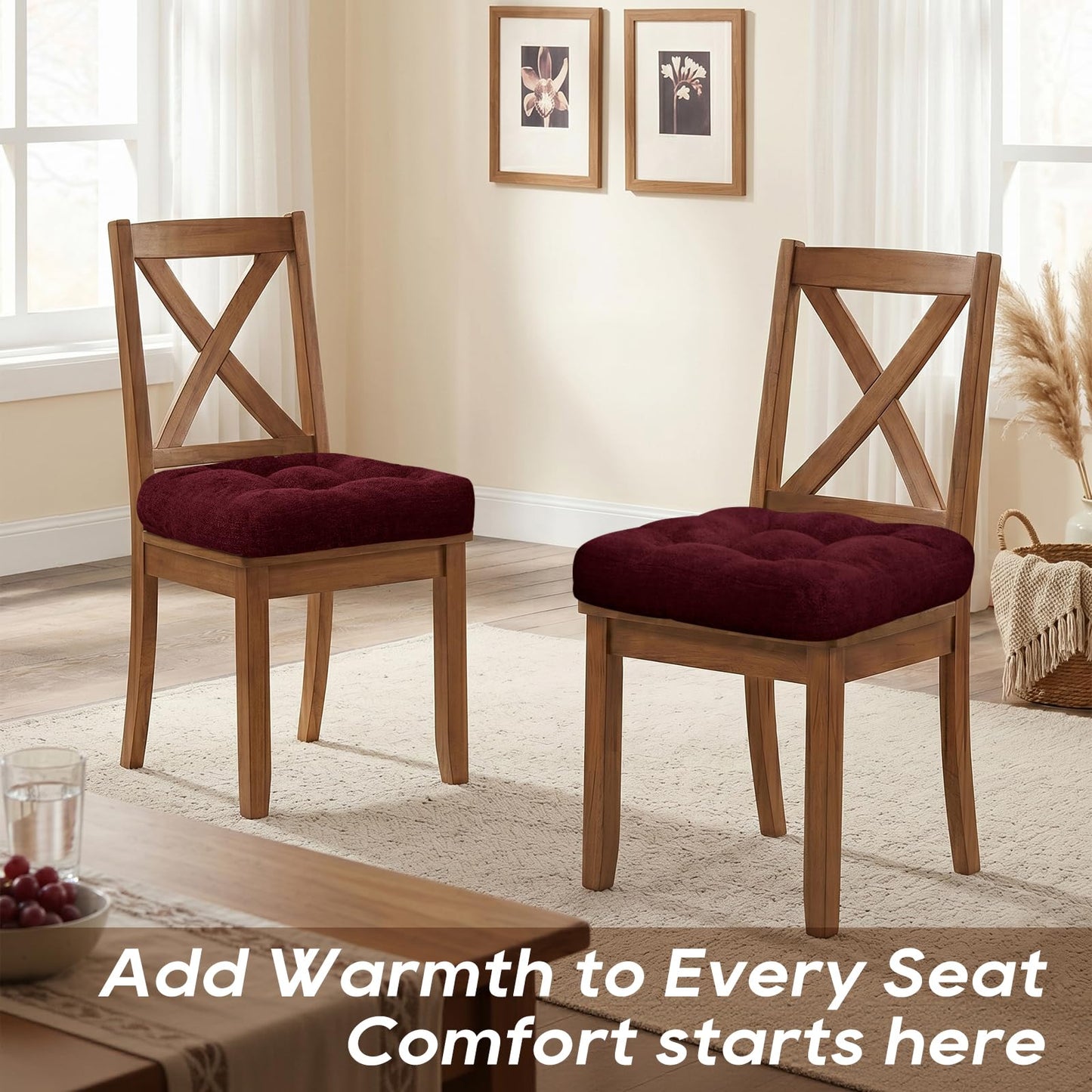 Basic Beyond Chair Cushions for Dining Chairs, Non-Slip Chair Pads, Thick Seat Cushions for Dining Room Chairs, Kitchen Chair Cushions Set of 4, 17" x 17" x 4", Burgundy