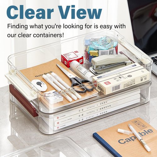 **Clear Plastic Storage Box - 4 Pack 5.5qt Snap-Tight Latch | Stackable Organizer for A4 Files, Photos & Crafts**