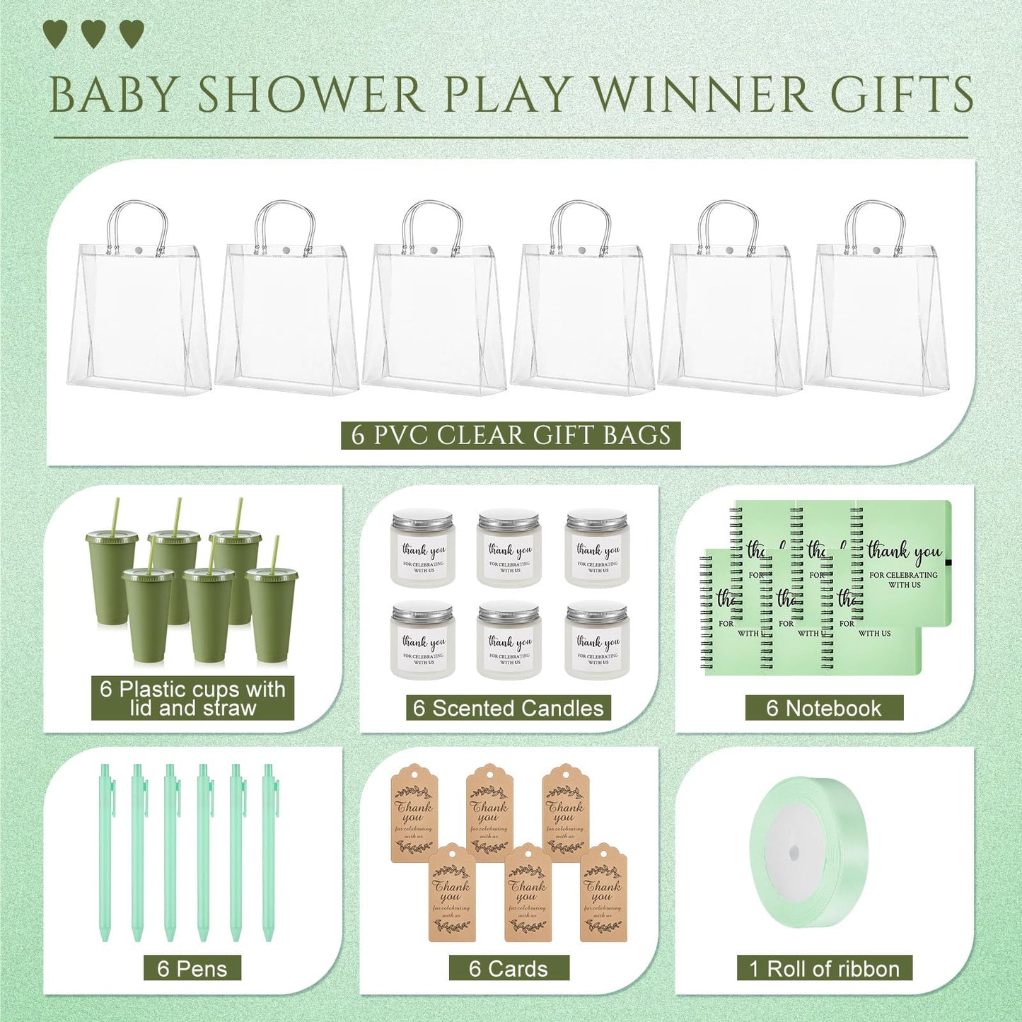 Nuogo 6 Sets New Parent Shower Prizes for Player Winners Adult, Wedding Bridal Shower Gift, Plastic Tumbler Notebook Scented Candle Ballpoint Pen Bag (Green Color,Classic Style)