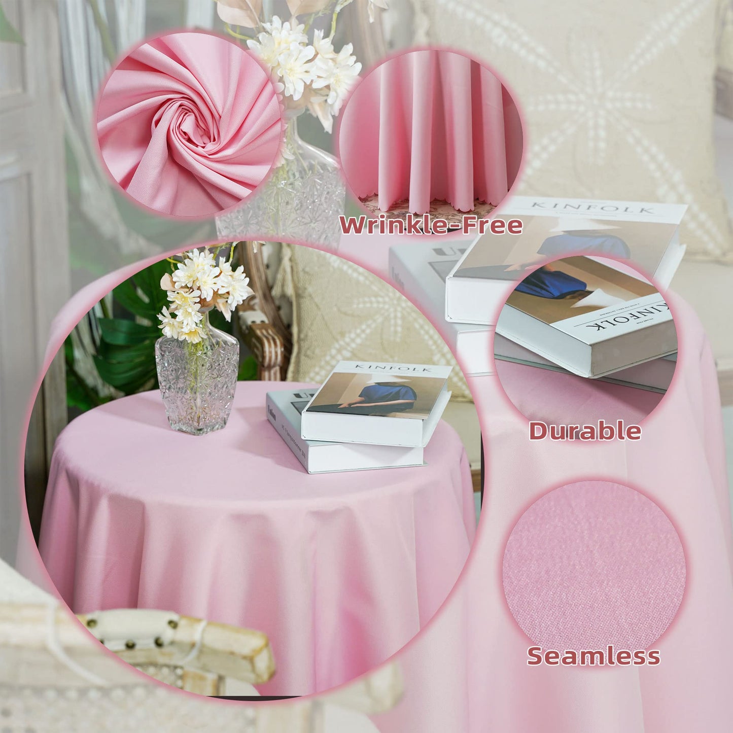 JYFLZQ Pink Round Tablecloth 70 Inch for 4 Foot Tables Machine Washable, Durable, Thick Polyester Fabric Table Cloth Table Cover for Parties Banquet Wedding(Equipped with 4 Napkin Cloth)