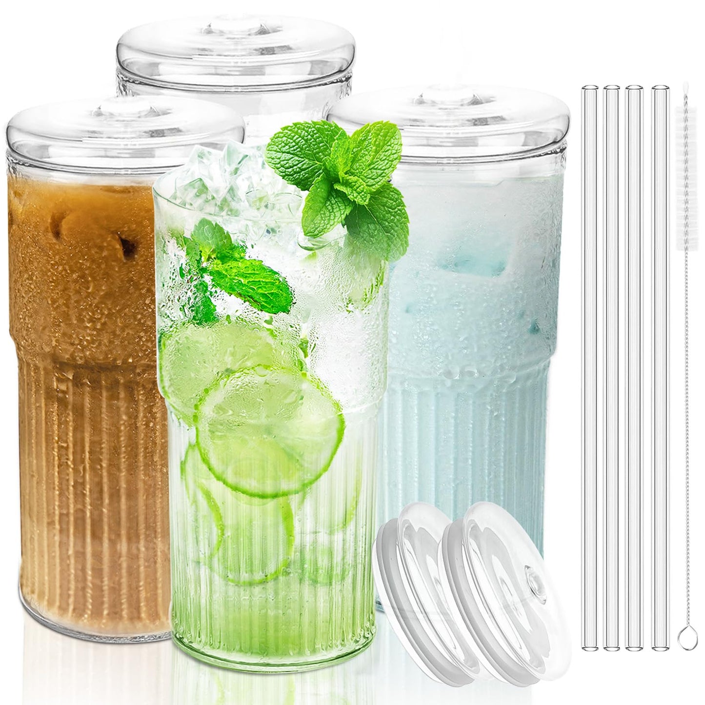 Luiaiog Glass Cups with Lids and Glass Straws, High Borosilicate 20OZ Tumblers (4Pcs) for Coffee, Tea, Juice, Smoothies, Hot/Cold Drinks at Home, Office