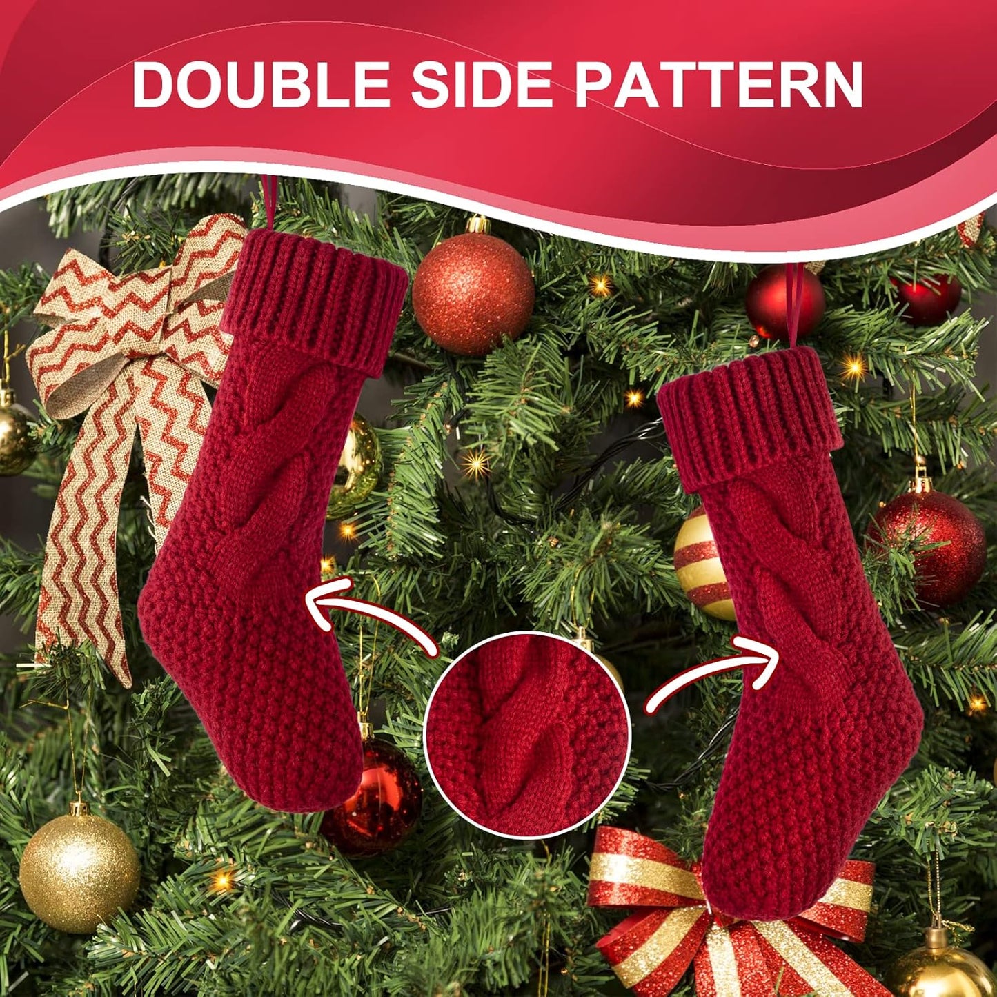 Burgundy & Ivory Knit Christmas Stockings - 14" - Set of 2 Holiday Decor