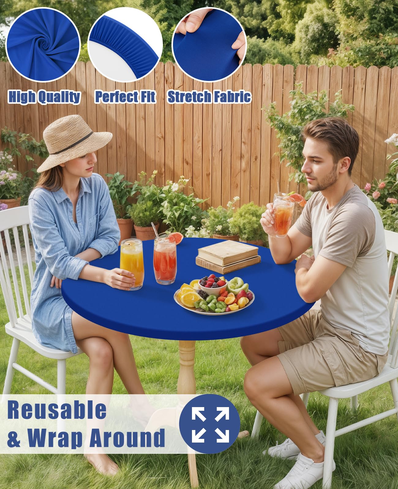 Moosfor Round Spandex Tablecloth, Elastic Fitted Waterproof Tablecloths for 57"-68" Tables, Stretch Washable Picnic Table Cover for Camping, Dining, Indoor and Outdoor, Blue