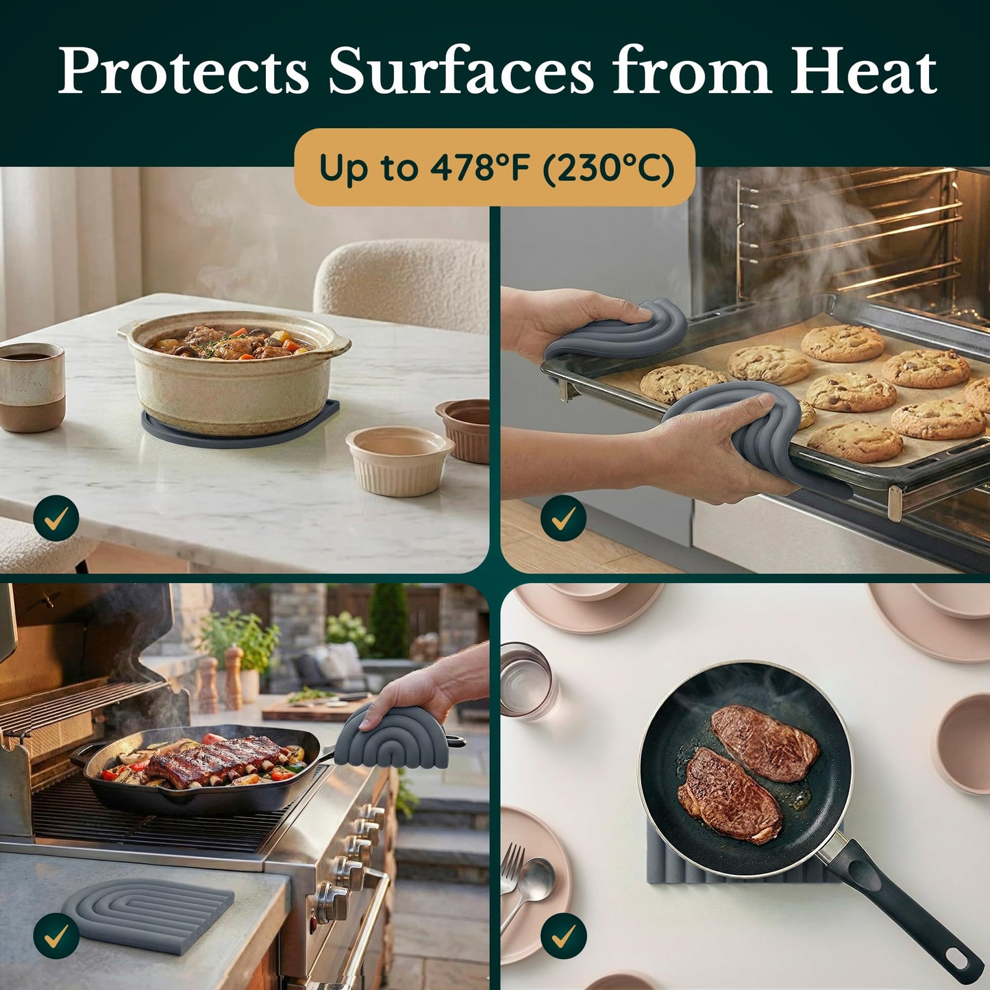 Silicone Trivets for Hot Dishes, Heat-Resistant, Non-Slip Pot Holders for Kitchen & Coasters Durable Hot Pads for Pots, Pans, Baking Dishes & Kitchen Appliances Set of 2 Graphite Noir