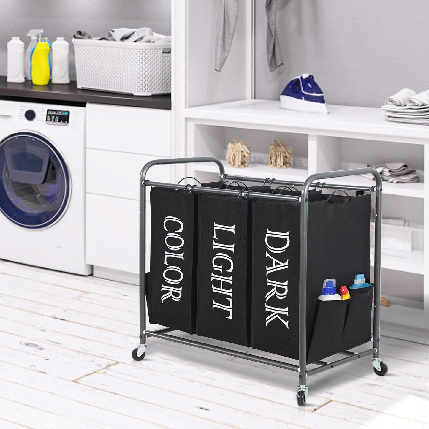 Storage Maniac 3-Section Laundry Sorter - 35.9 Gal Rolling Hamper Cart with Lockable Wheels & Removable Bag - Black