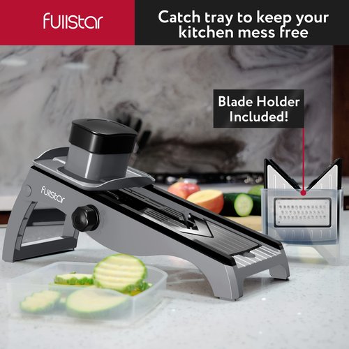 Fullstar Mandoline Slicer for Kitchen – Stainless Steel Vegetable Cutter & Cheese Grater with Adjustable Blades, Safety Glove & Catch Tray Included (7-in-1, Silver)