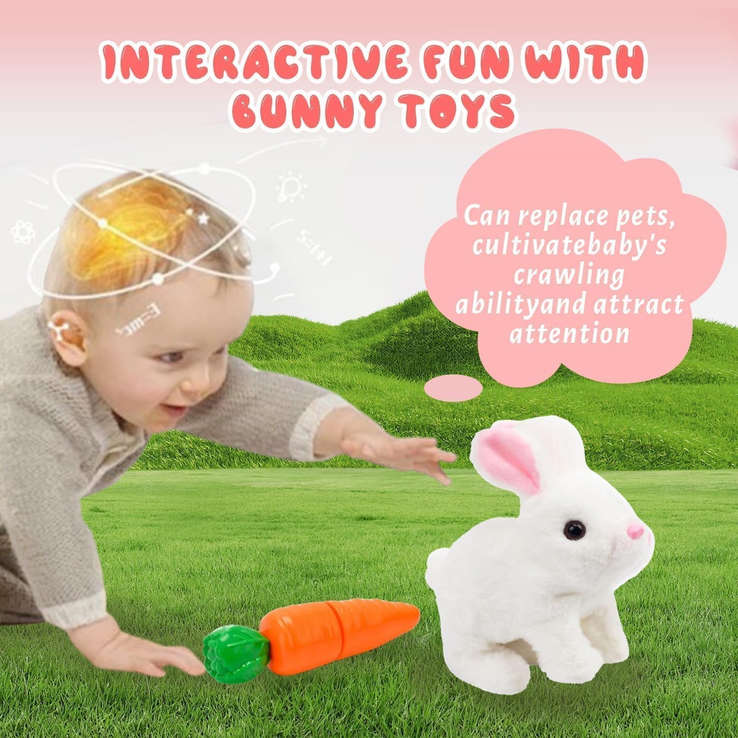 Realistic Bunny Toy - Interactive Plush Rabbit with Sounds & Movements | Animated Walking, Wiggle Ears, Twitch Nose - Easter Gift for Kids (Brown & White)