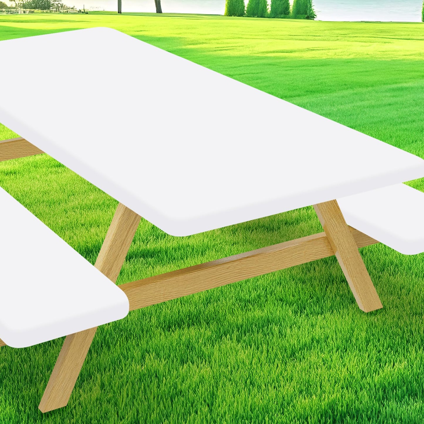 Moosfor Picnic Table Cover with Bench Covers, Elastic Fitted Spandex Tablecloths for 6 Foot Rectangle Tables, Stretch Washable Patio Tablecloth for Outdoor, Camping (White, 30"x72")