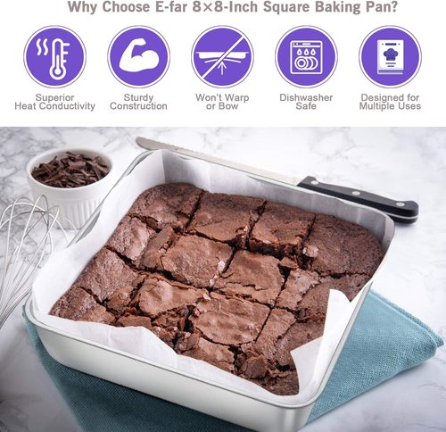 E-far 8 x 8-Inch Baking Pan Set - Stainless Steel Square Cake & Brownie Bakeware | Dishwasher Safe