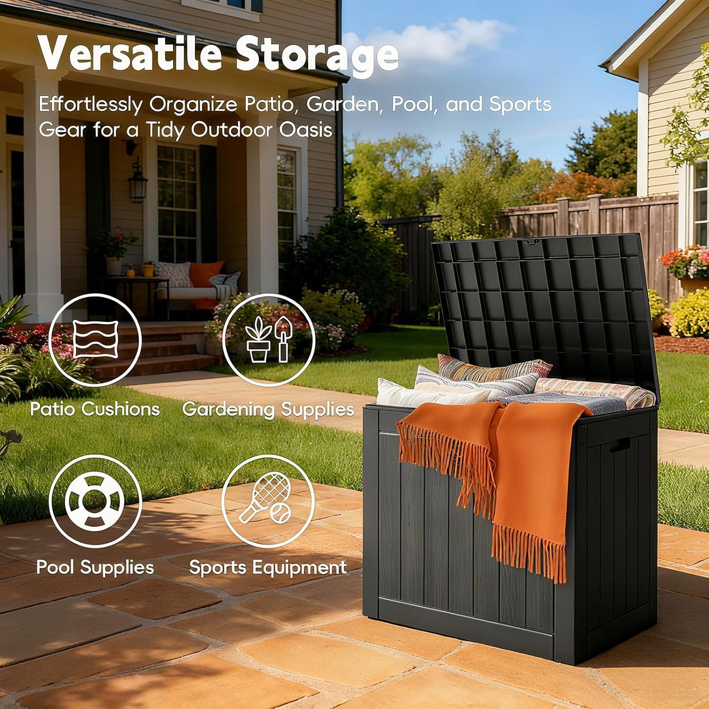 Mars Villa 31 Gallon Deck Box - Waterproof Resin Storage Bin with Lockable Lid for Outdoor Use | Black