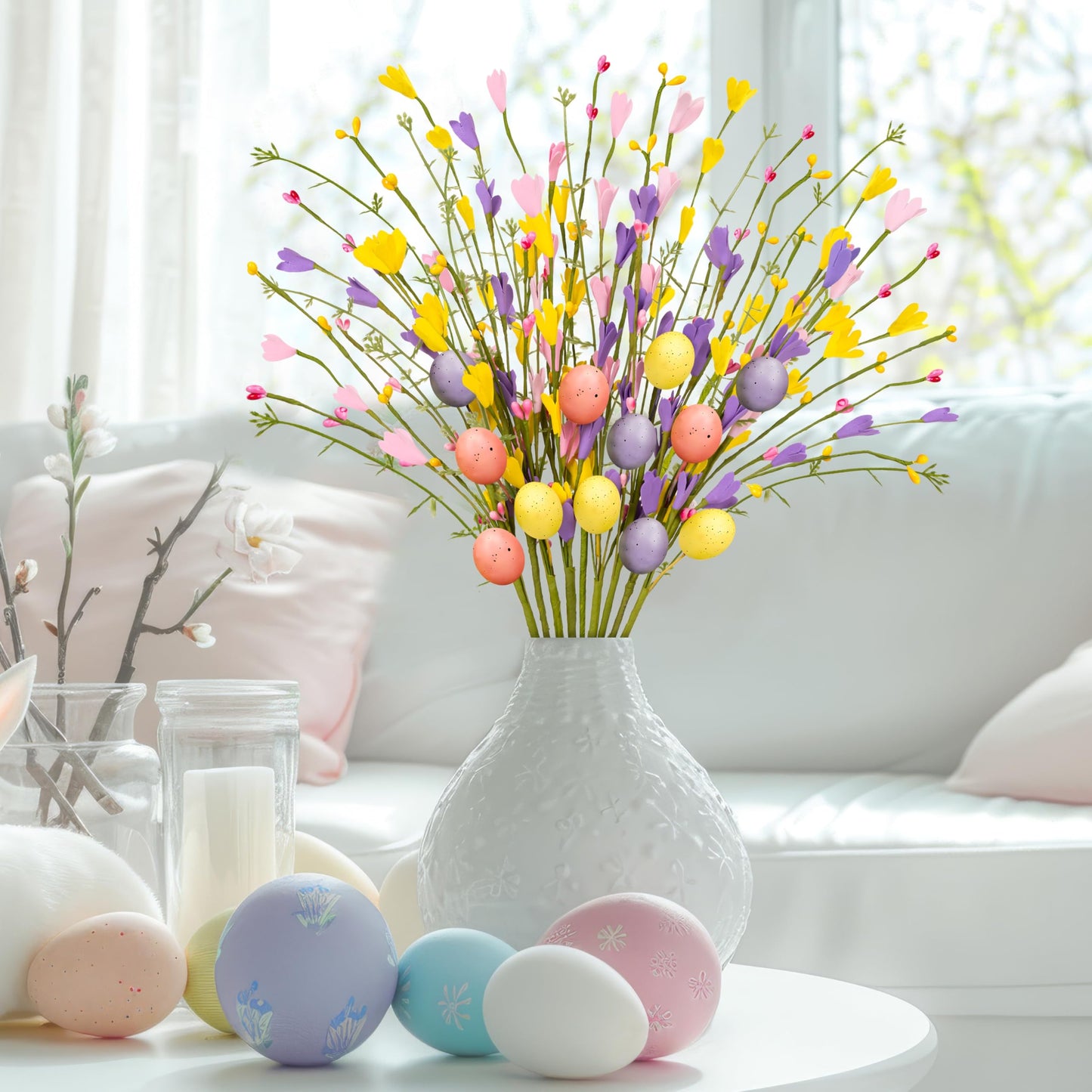 Yen Jean 15PCS Easter Decorations Egg Picks - Spring Artificial Floral Stems Decor Flowers Arrangement for Home Vase Table Centerpiece
