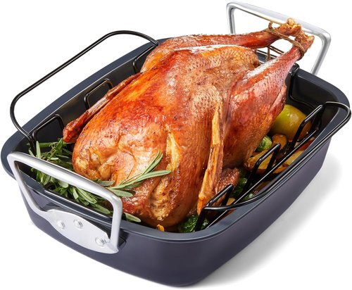 HONGBAKE Extra Large Nonstick Turkey Roasting Pan - 18.7" x 13.6" with Rack for 25 lb Turkey & Chicken | Heavy Duty Steel, Gray