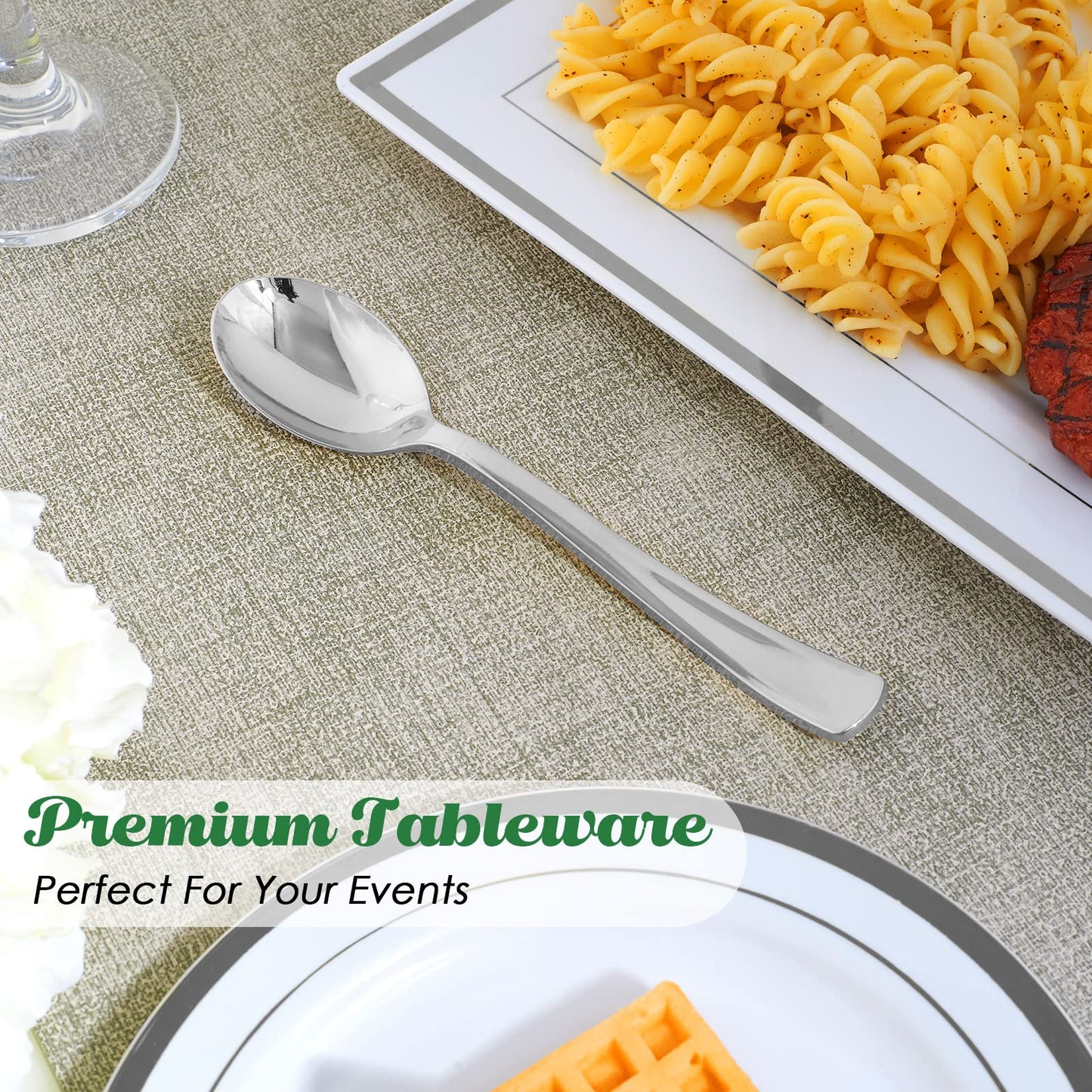FOCUSLINE 300 Pack 6.8" Disposable Silver Plastic Spoons, Solid and Durable Plastic Cutlery Spoons, Heavy Duty Disposable Utensil Silverware for Catering, Parties, Dinners, Weddings