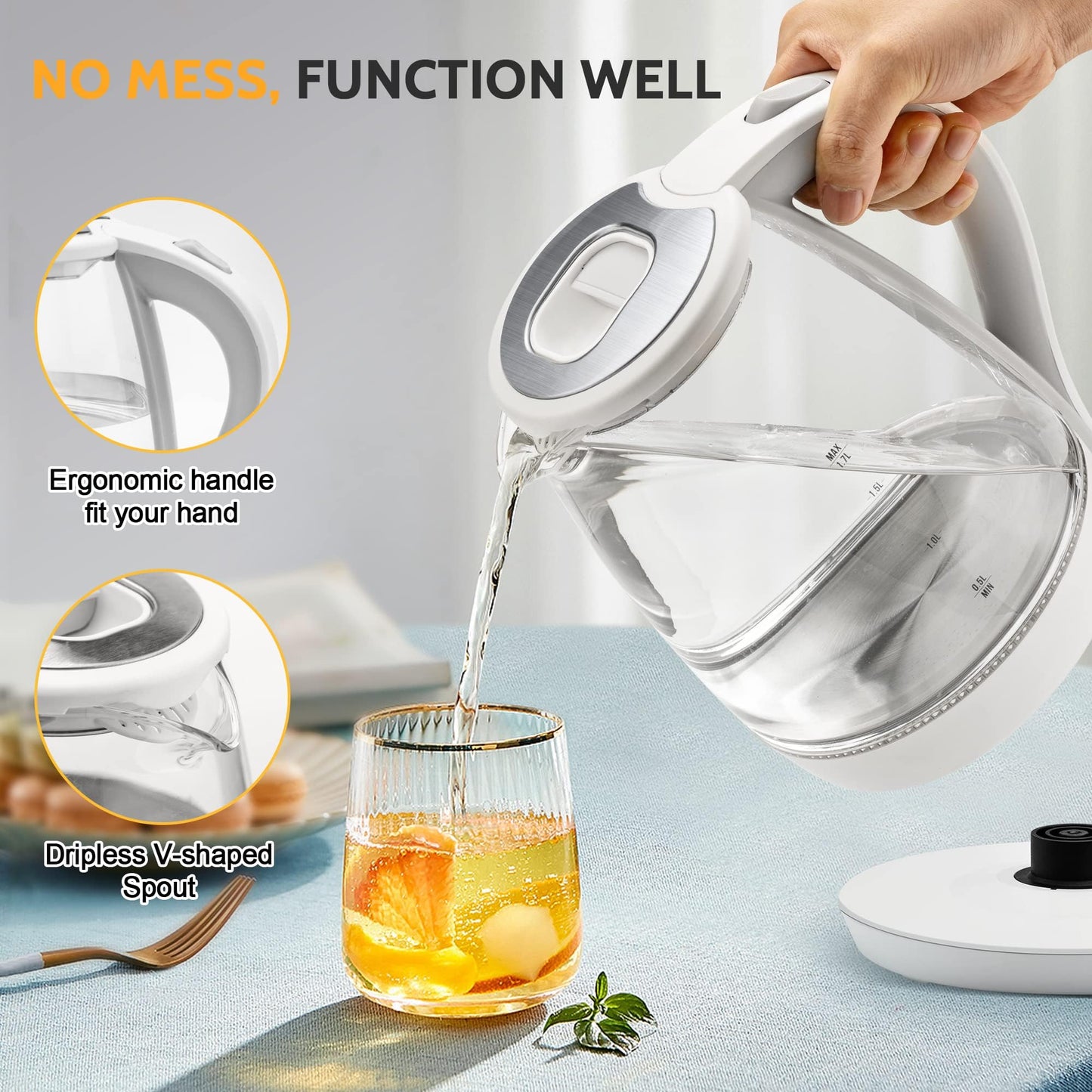 KEINVE Electric Kettle, 1.7L Tea Kettle & Hot Water Boiler for Coffee & Tea, Water Heater & Teapot, Automatic Shut Off, Borosilicate Glass, 1200W (White)