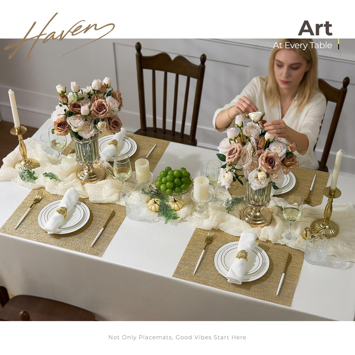 Leetaltree Gold Placemats Set of 4 - Heat Resistant Non-Slip Place mats for Dining Table, Washable Durable PVC Vinyl Woven Table Mats(Luxury Gold, 4)