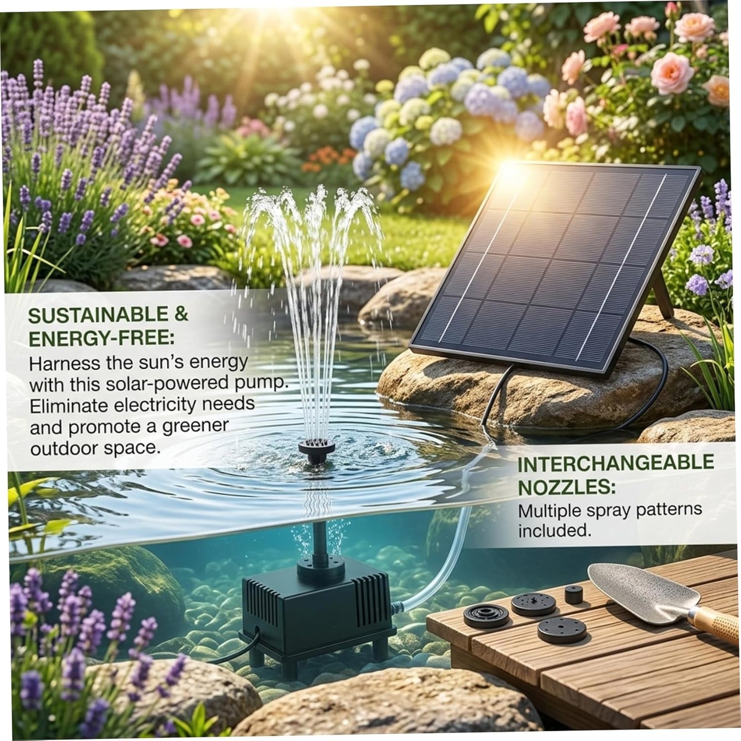 Skiennix Solar Powered Water Fountain - Multiple Spray Heads for Bird Bath & Garden Decor