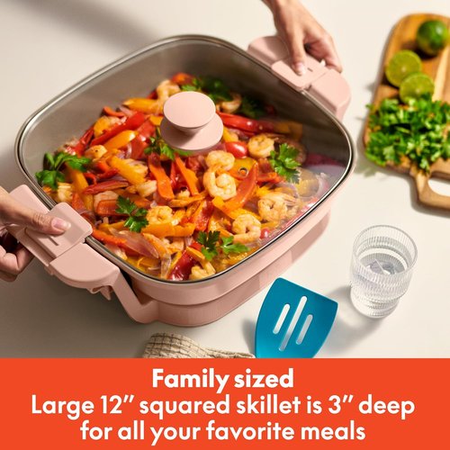 Bella Make & Take Electric Skillet - Adjustable Temperature, Dishwasher-Safe Lid, 1200W, Blossom Color