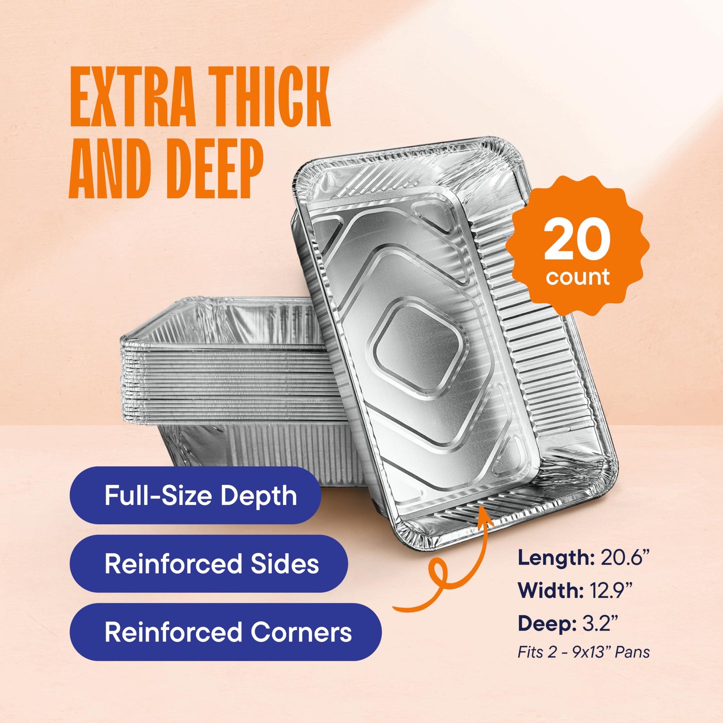 Full Size Large Aluminum Pans, Disposable Foil 21x13 Deep [20-Pack] Steam Table Chafing Pan - Extra Heavy Duty Durable Tray - Great for Roasting, Cooking, Warming, Prepping and Storing Food