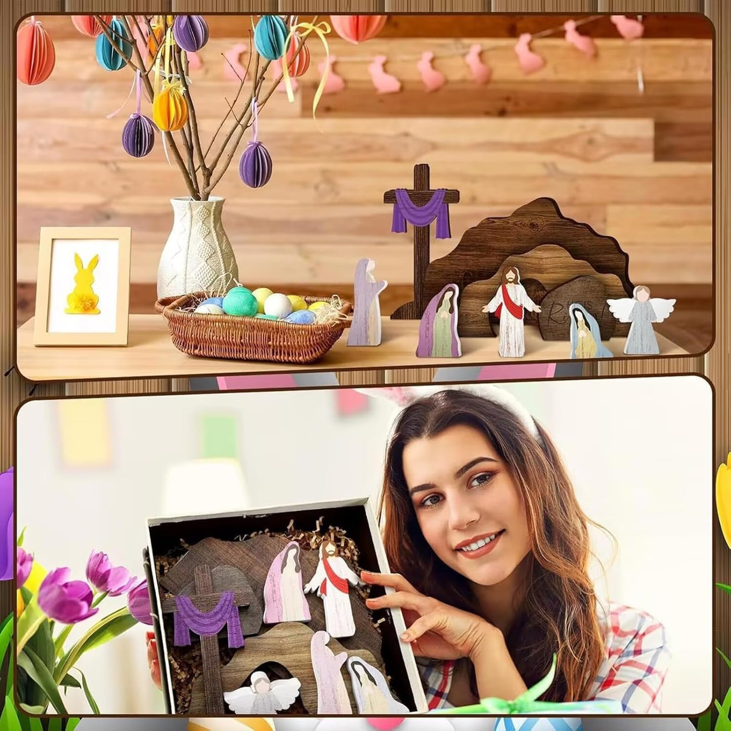 ZOUNYIN Empty Tomb Easter Scene Cross Decoration, Wooden Resurrection Tabletop Decor Set for Religious Home, Office, Shelf & Farmhouse Display