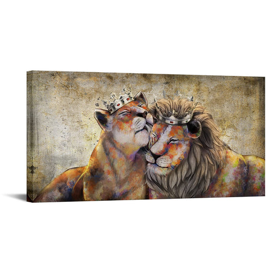 Canvbay Animal King Canvas Wall Art Lion and Lioness with Gold Crown Picture Romantic Couple Artwork Painting for Bedroom Modern Home Decoration Stretched and Framed Ready to Hang 20x40inch