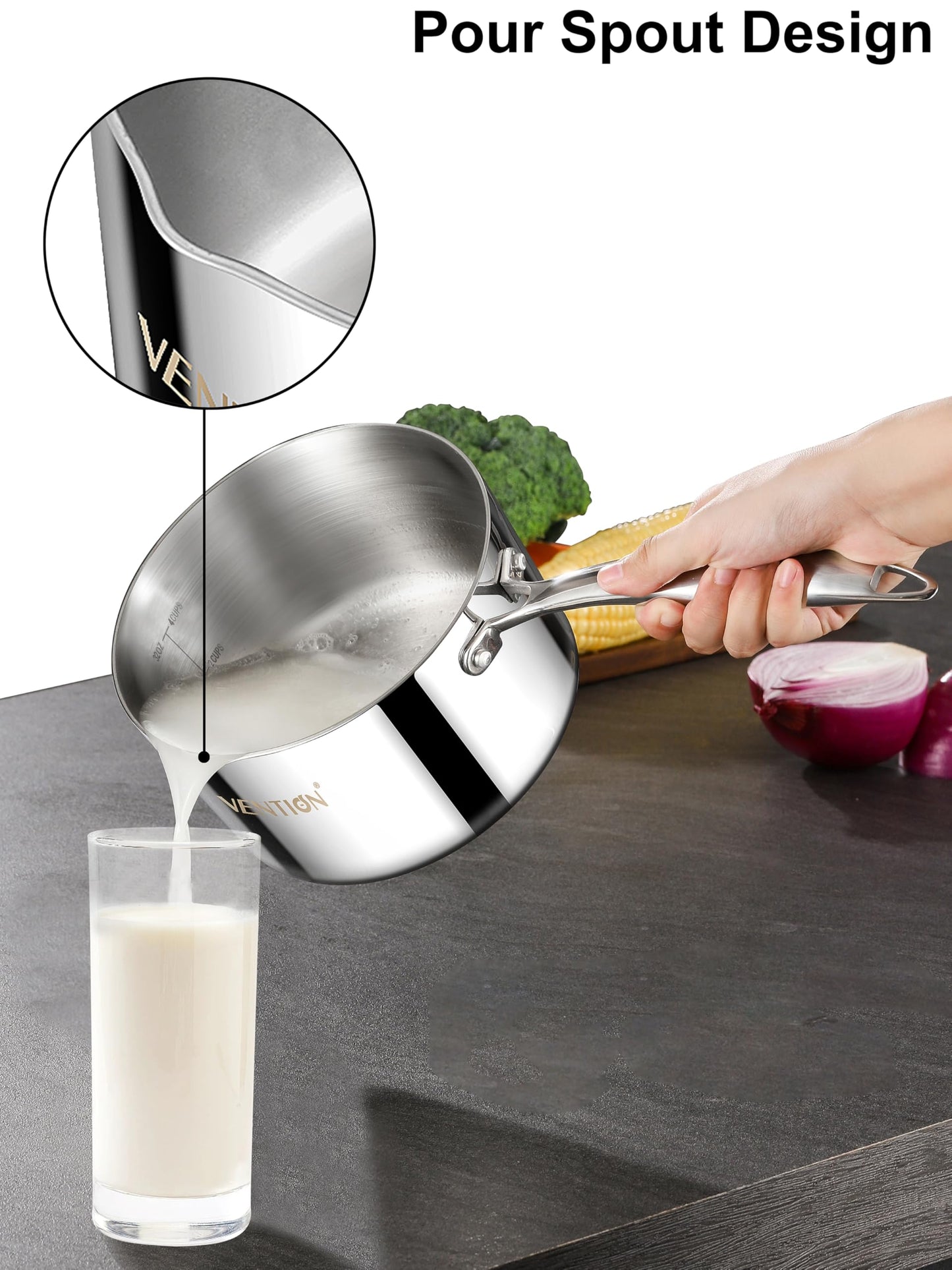 VENTION Tri-Ply Stainless Steel 1 Quart Saucepan with Lid, Bright Small Sauce Pan with Pour Spout, Small Pots for Cooking