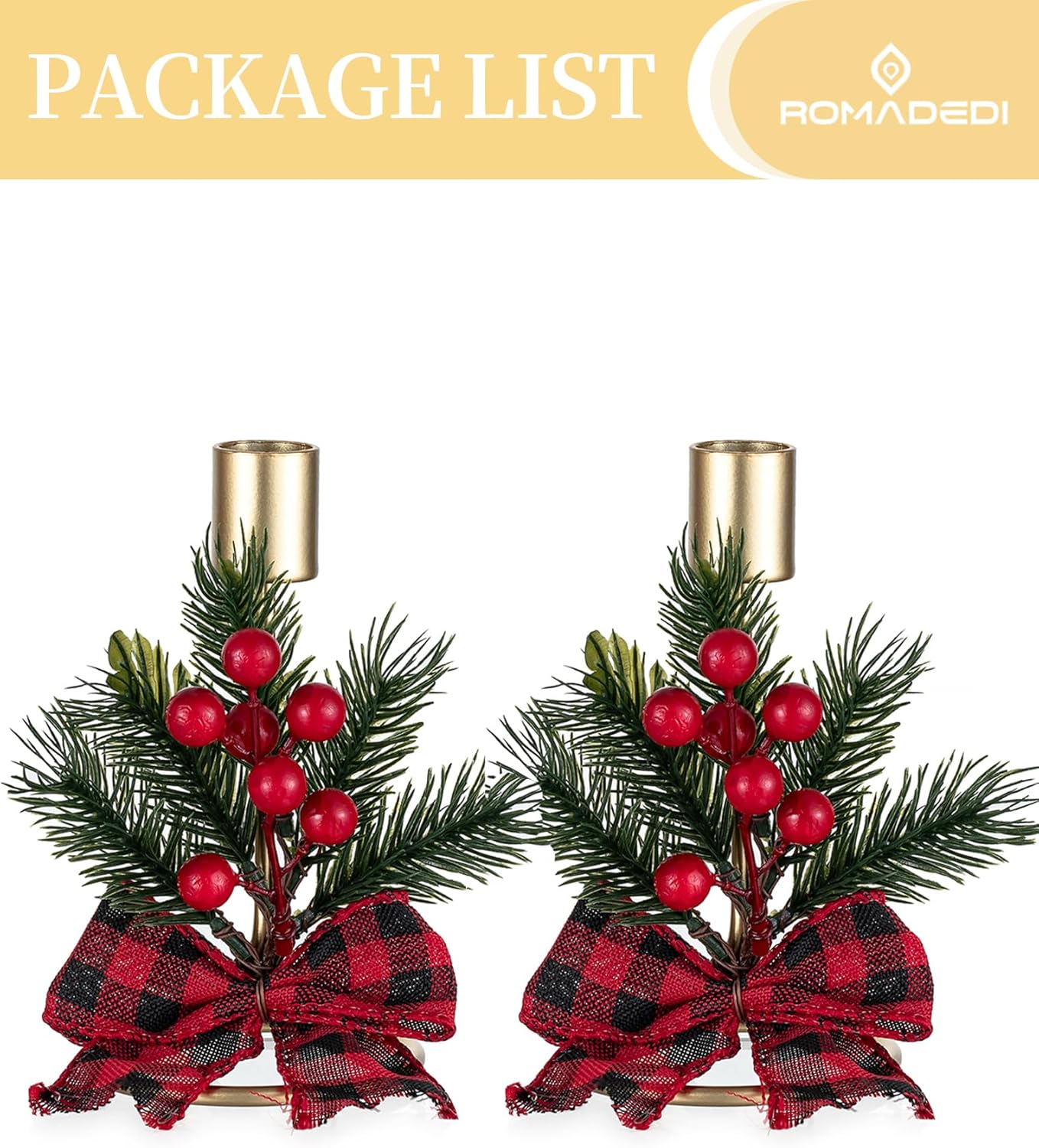 Romadedi Candle Holders - Gold Taper Candlestick Holders with Red Berry Decoration | Set of 2 for Festive Christmas Decor