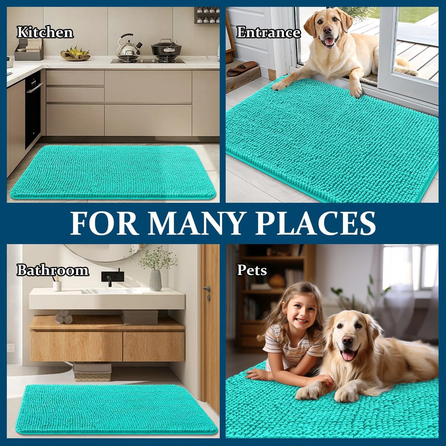OLANLY Dog Door Mat - Absorbent Non-Slip Washable Doormat for Muddy Paws | 44x24 Teal Chenille Mat