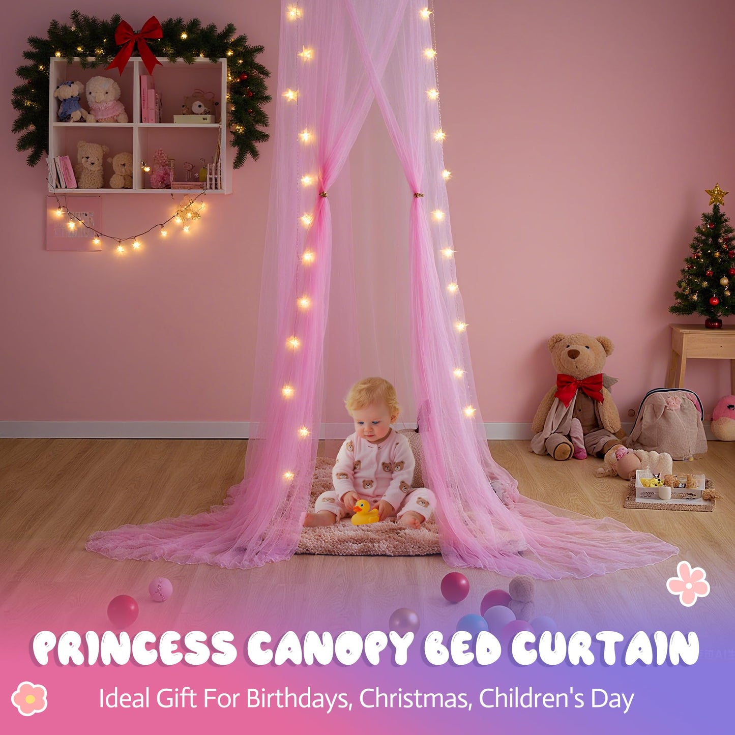lazyzzz Bed Canopy for Girls Room Bed Drapes, Boho Bed Canopy Curtains Mosquito Net for Queen King Size Kids Bed, Princess Ceiling Play Tent for Children Reading Nook