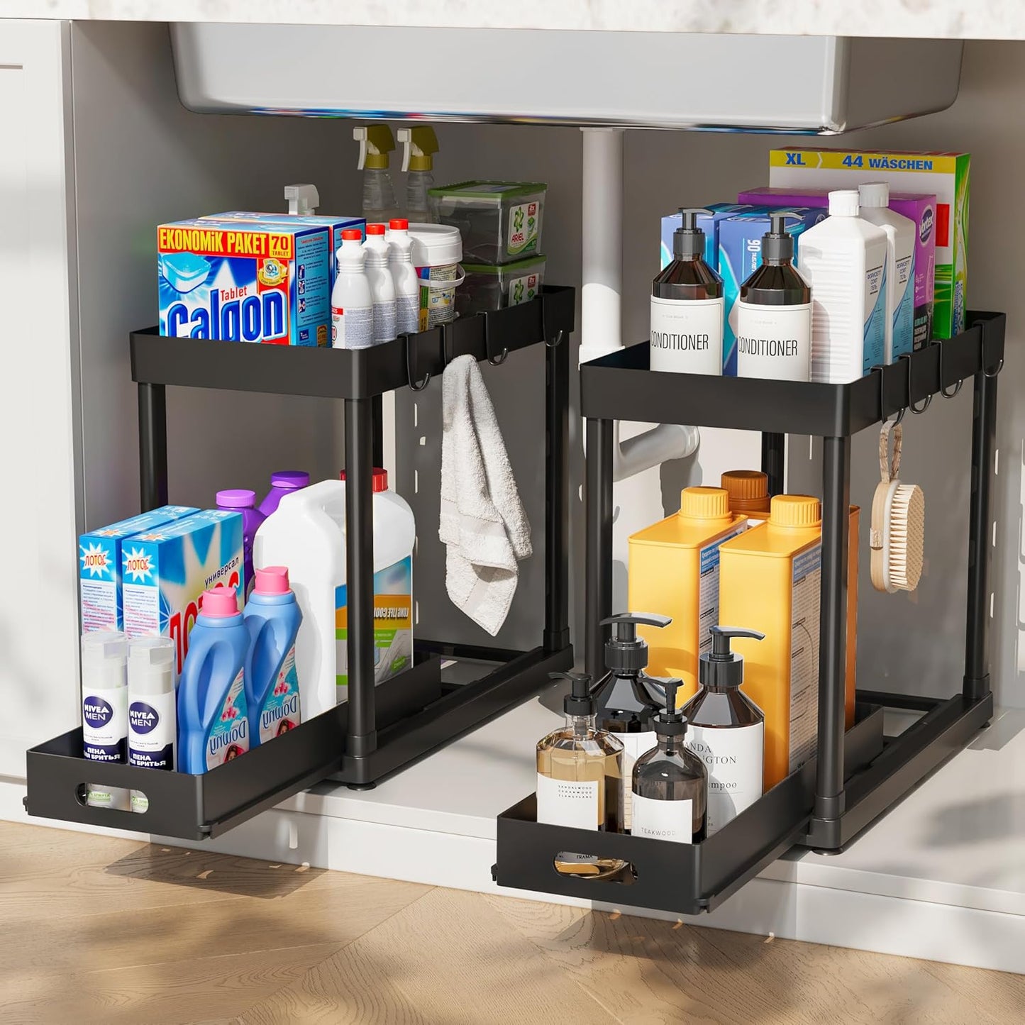 Skiennix Pull-Out Storage Organizers - Multi-Purpose Under Sink Bathroom & Kitchen Organizers | 2 Pack, Black