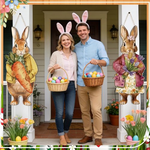 Anglechic Large Easter Bunny Door Sign - 12.1 x 29.3 Inch Wooden Porch Decor with Floral Carrot