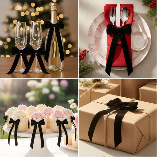 Hoteam Velvet Bow Ornaments - 24 Pcs Christmas Tree Decorations | 3 x 8 Inch Black Twist Ties for Gifts & Crafts