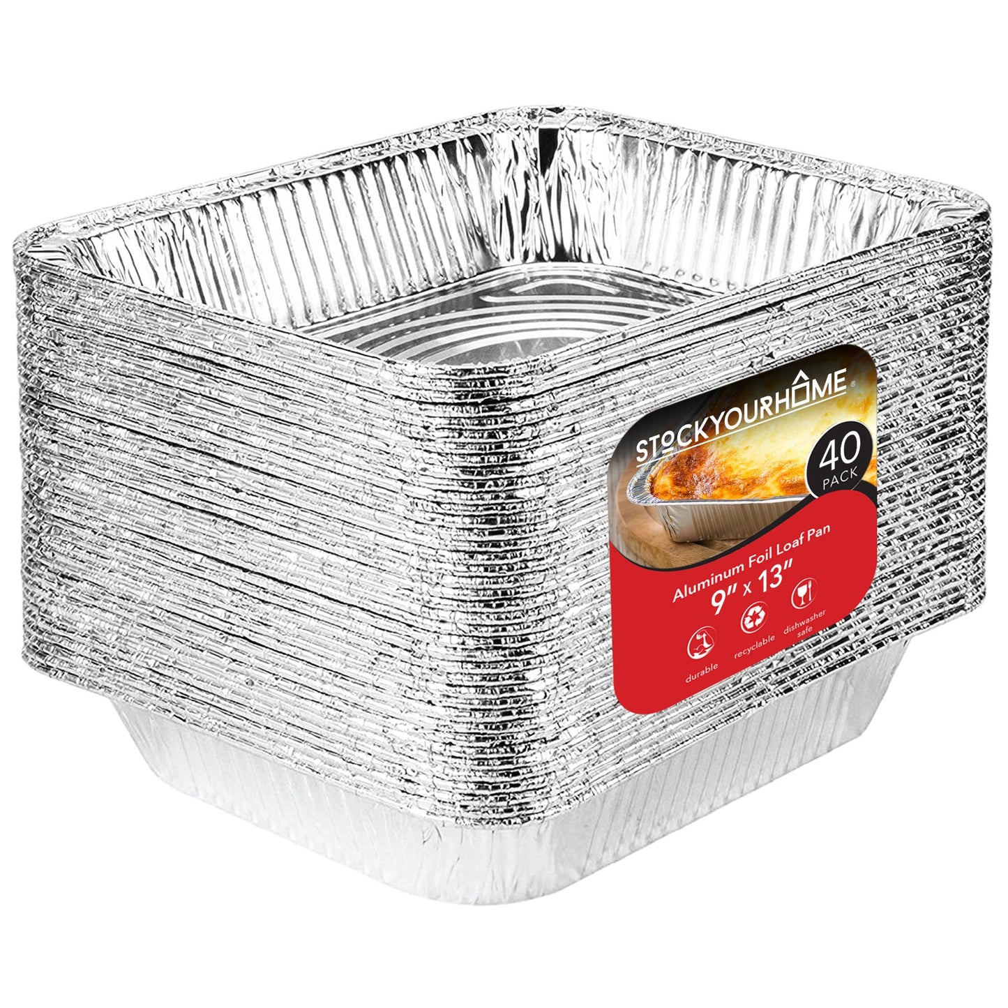 Stock Your Home 9x13 Aluminum Pans (40 Pack) - Disposable and Recyclable Foil Trays - Half Size Steam Table Deep Pans - Tin Foils for Cooking, Heating, Storing, Prepping Food