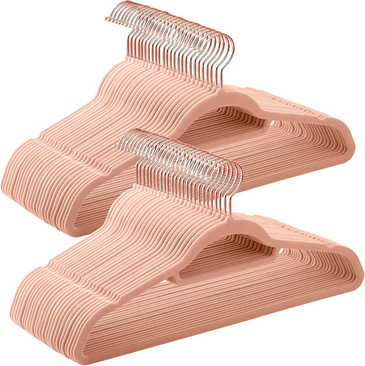 SONGMICS Velvet Hangers - Set of 50 Non-Slip Clothes Hangers with Rose Gold Swivel Hook | Coral Pink, 17.1-Inch
