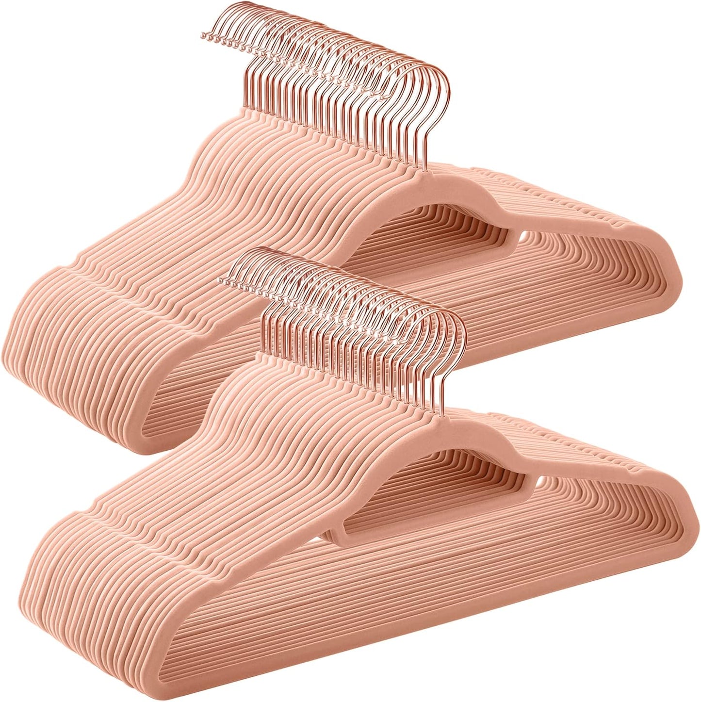 SONGMICS Velvet Hangers - Non-Slip Space-Saving Clothes Hangers with Rose Gold Swivel Hook | Set of 50, Coral Pink, 17.1-Inch