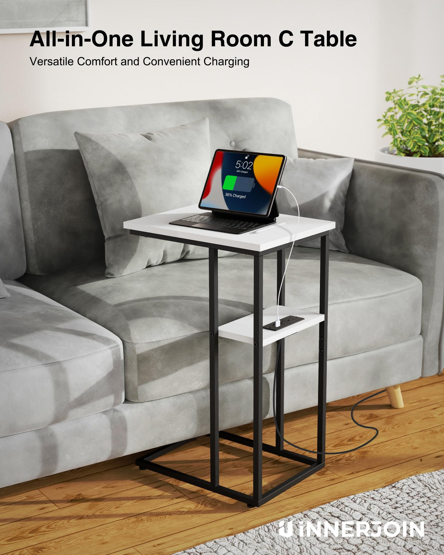 Innerjoin Side Table with Charging Station Set of 2, C Shaped End Table with LED Light Strip, Fast Charge Type C & USB Ports, Small Sofa Snack Laptop Side Table for Living Room Bedroom, Rustic Brown