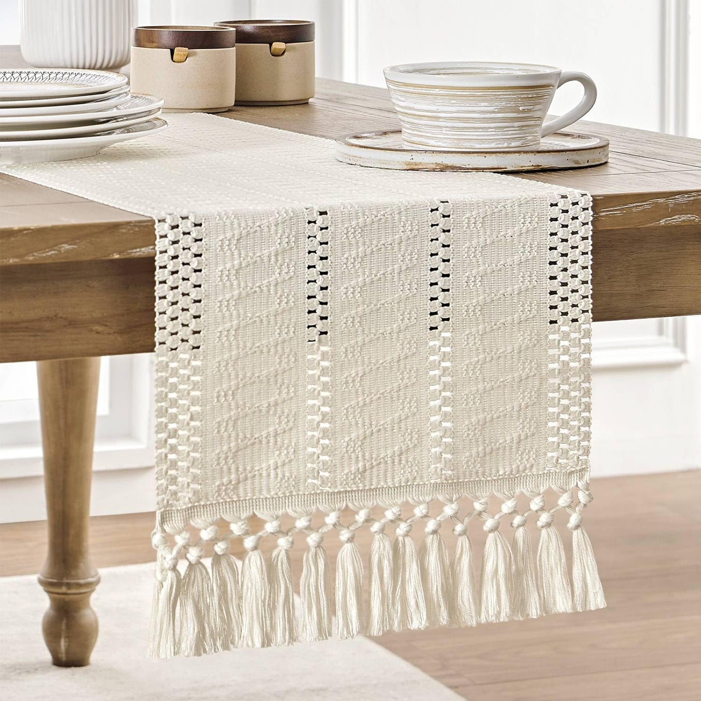 ZeeMart Macrame Style Boho Table Runner, Ivory Table Runners 72 Inches Long, Farmhouse Woven Home Decor, 12x72 Inch, Ivory