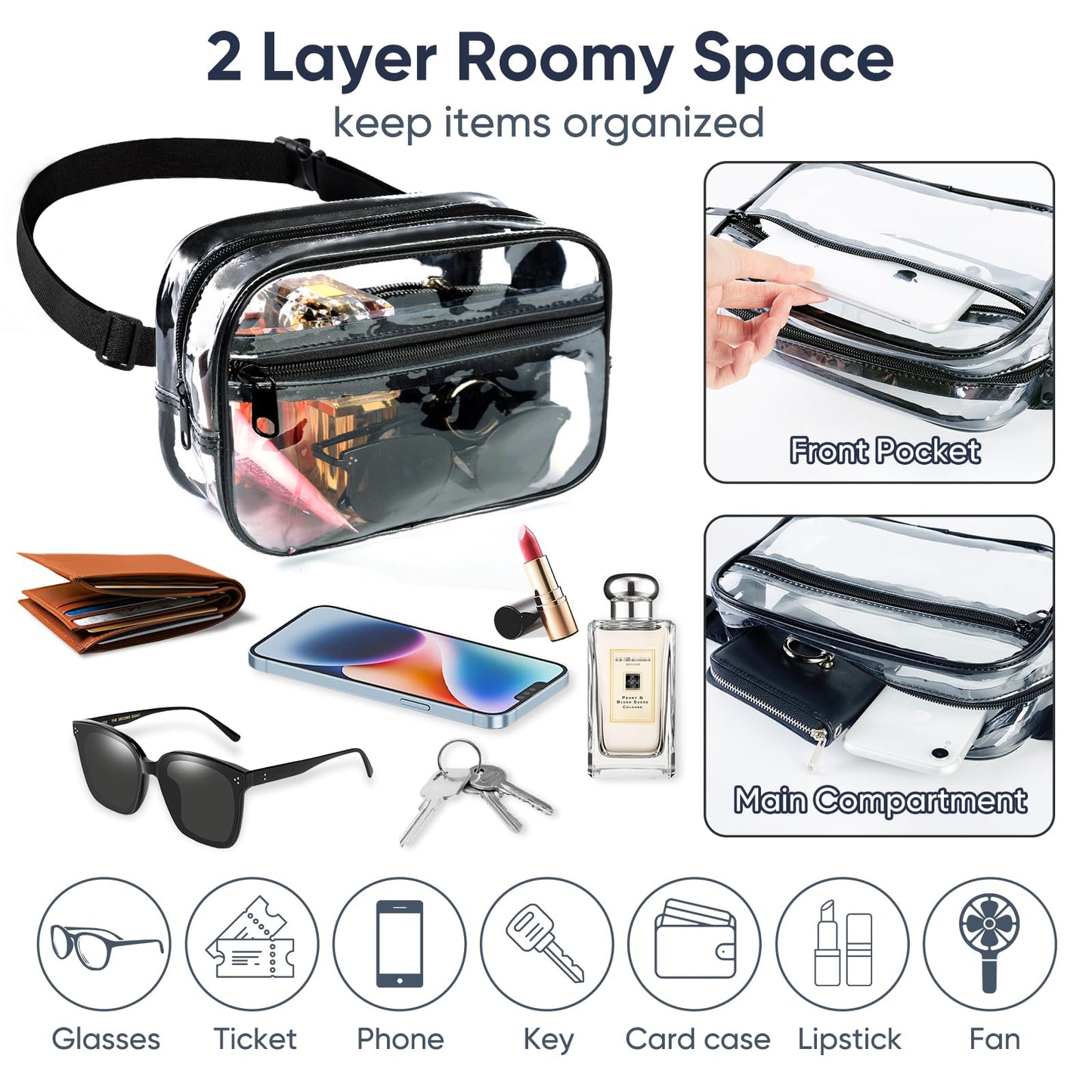 Clear Fanny Pack for Stadium Events - Clear Bag for Women Men | Lightweight Waist Pack for Concerts, Sports Games Day & Travel Stadium Approved Transparent Bag (Black)