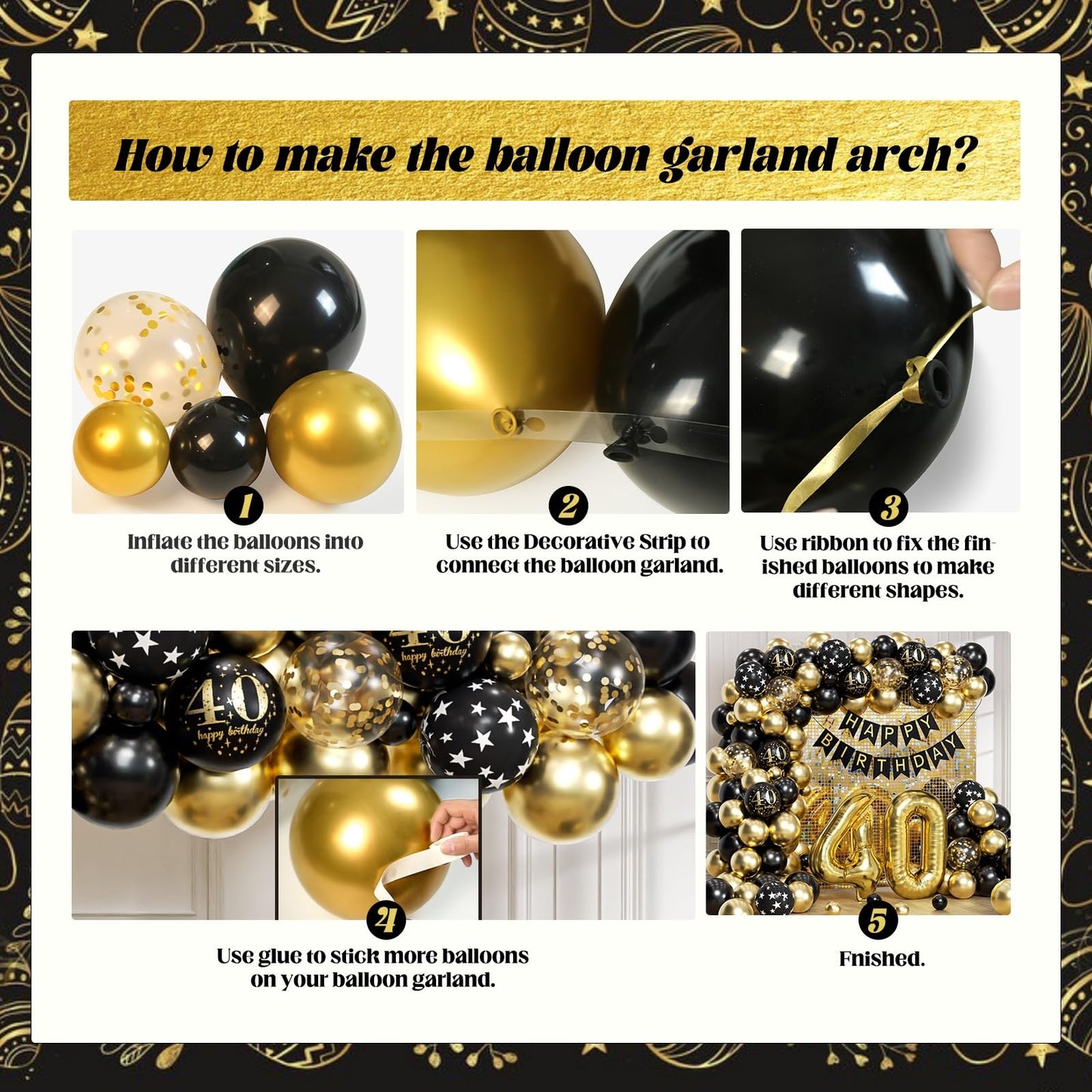 115pcs 40th Birthday Balloon Arch with Black Gold Balloon Garland happy Birthday Banner 40th Foil Balloon for 40th Birthday Decorations for Men or Women Anniversary Decorations