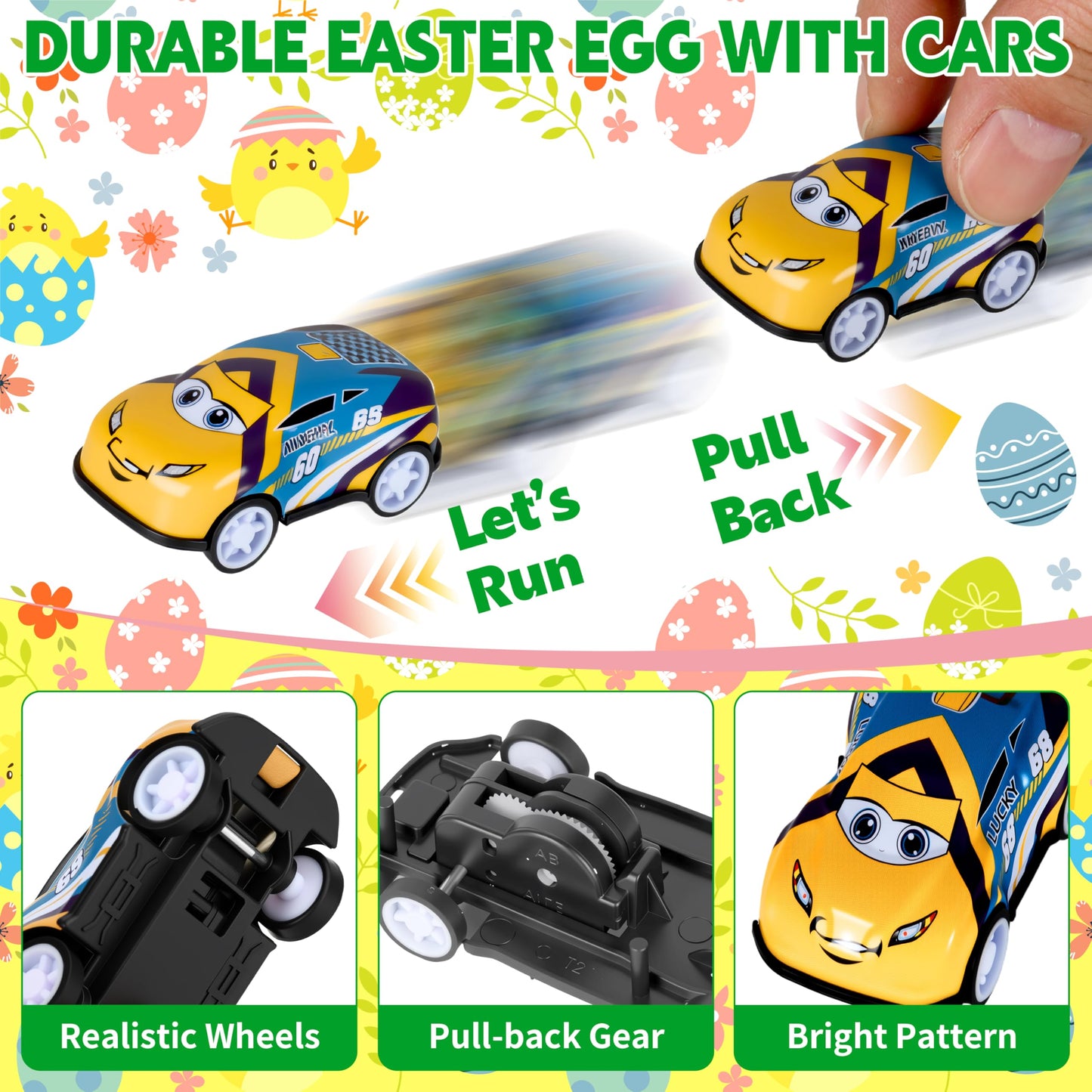 Seifar 48 Pack Prefilled Easter Eggs Filled with Pull Back Cars, Eggs with Racing Vehicle Inside, Easter Hunt Basket Stuffers Party Favors Classroom Prizes Gift for Kids Girls Boys
