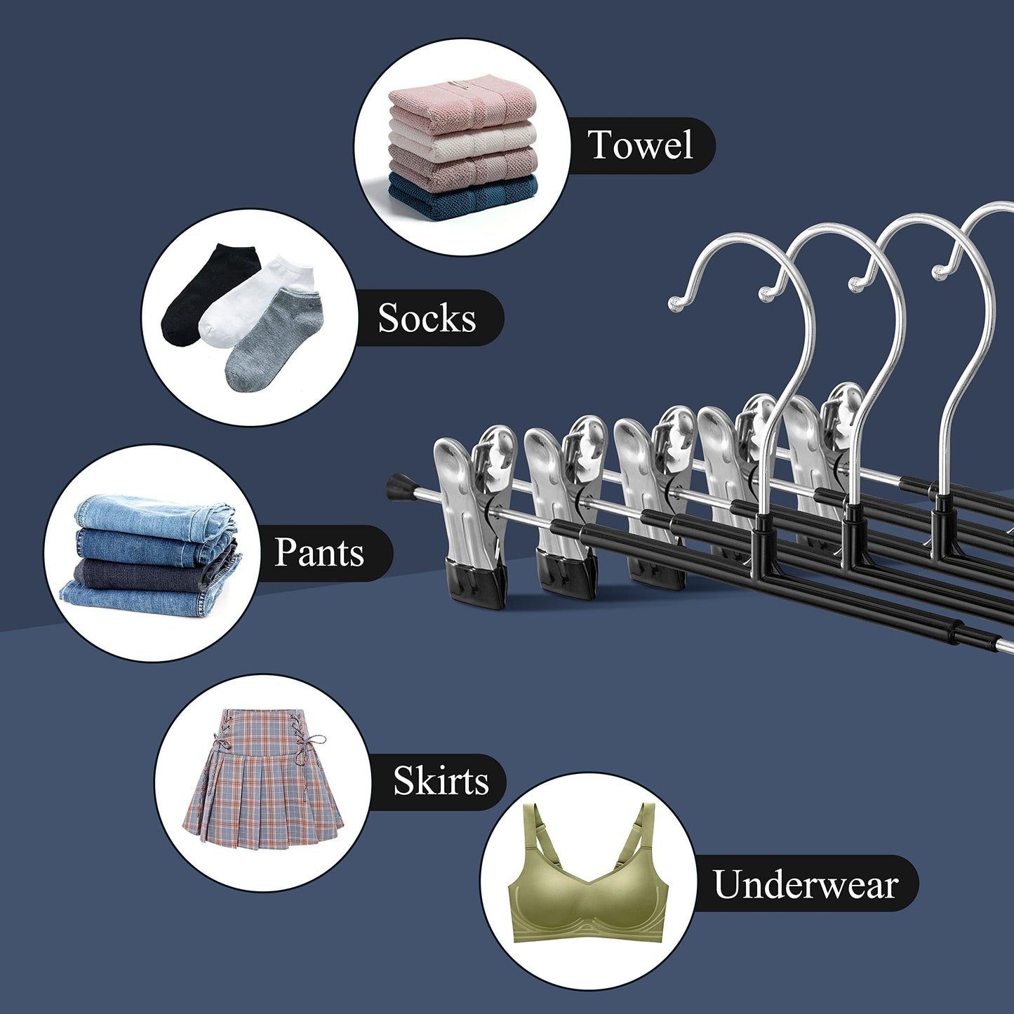 HWAJAN 14Inch 50PACK Pants Hangers with Clips Adjustable Skirt Hangers for Women Black Metal Non-Slip Trousers Hanger Heavy Duty Space Saving Clothes Hangers for Shorts,Jeans