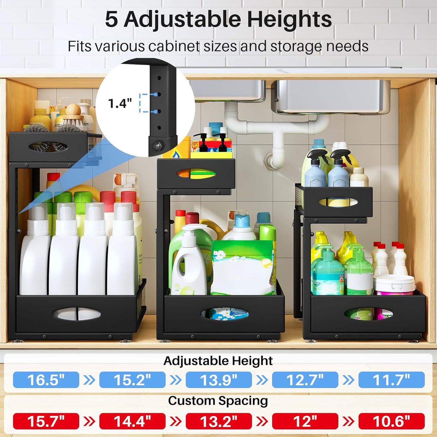 Under Sink Organizer - 2 Tier Pull Out Cabinet Shelf with Mesh Drawers | Black Storage Solution