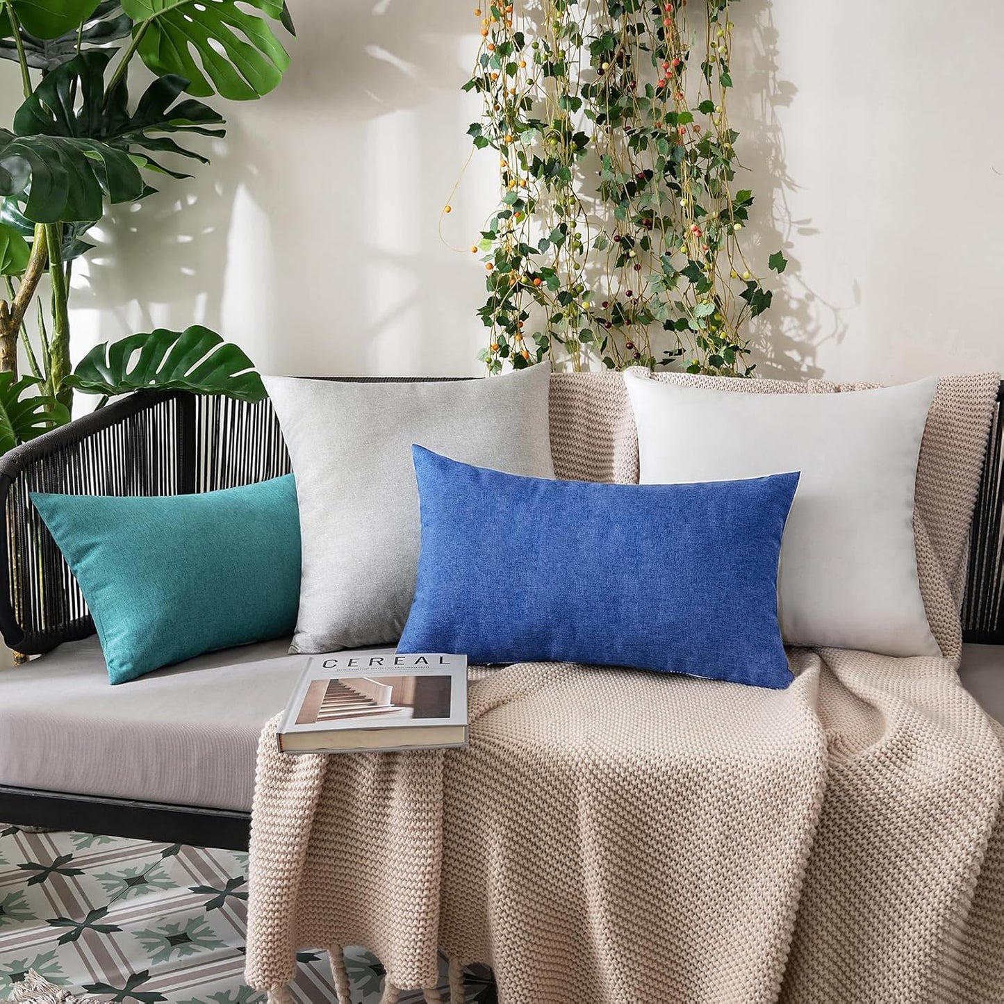 MIULEE Decorative Outdoor Throw Pillow Covers - Waterproof Faux Linen Cushion Cases | 20x12 Inch Royal Blue (Pack of 2)