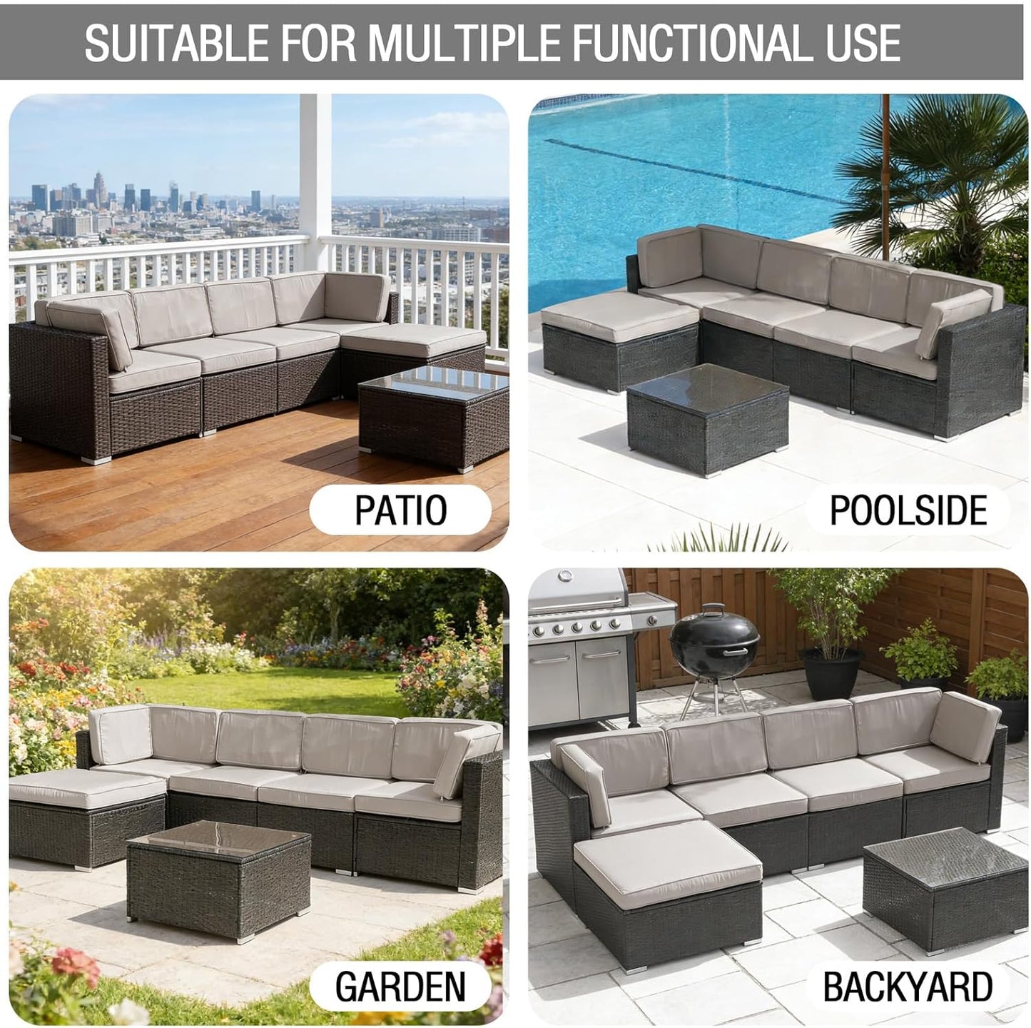 Skiennix 11-Piece Patio Cushion Covers - Waterproof Slipcovers for 6-Seater Sofa | Light Gray, Washable 25.6" L x 25.6" W x 3.94" H